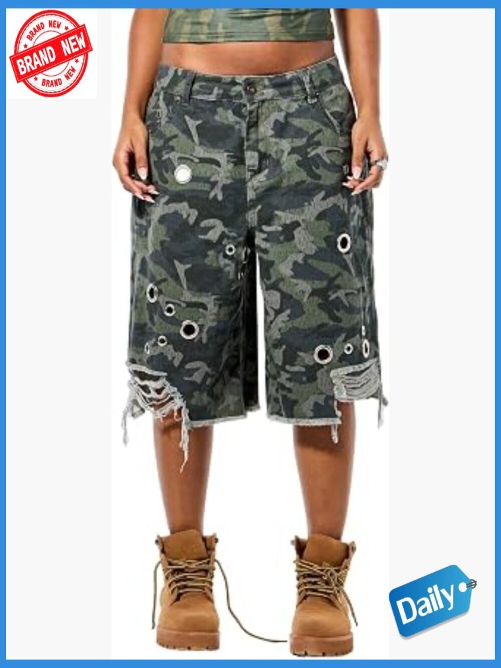 Distressed Denim Bermuda Shorts Y2K Baggy Wide Leg Knee Length Jorts